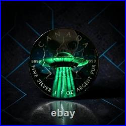 112 RARE 1 oz Canada 2018 UFO ALIEN GLOW IN DARK CANADIAN MAPLE LEAF Silver Coin