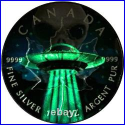 112 RARE 1 oz Canada 2018 UFO ALIEN GLOW IN DARK CANADIAN MAPLE LEAF Silver Coin