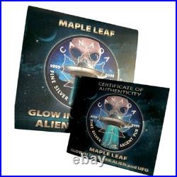 112 RARE 1 oz Canada 2018 UFO ALIEN GLOW IN DARK CANADIAN MAPLE LEAF Silver Coin