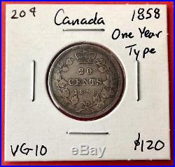 1858 20 Cents Canada Silver Twenty Cent Coin $120 VG-10