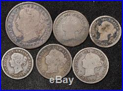 1858 CANADA 5 CENTS (x2) 10 CENTS (x3) 20 CENTS-6 SILVER COINS TOTAL