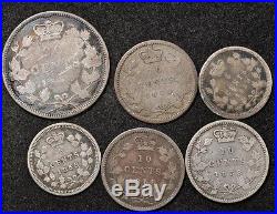 1858 CANADA 5 CENTS (x2) 10 CENTS (x3) 20 CENTS-6 SILVER COINS TOTAL
