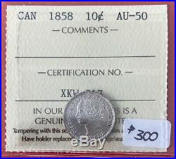 1858 Canada 10 Cent Silver Coin Dime $300 ICCS AU-50 First Year