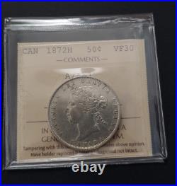 1872 Canada 50 Cents SILVER Coin. DOUBLE A or A/A Variety. ICCS Graded. VF-30