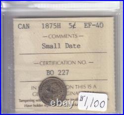 1875h Small Date Canadian 5 Cent Coin Iccs Cert Ef-40