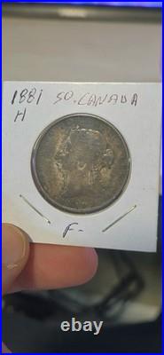 1881-H Canada 50 Cents Silver Coin Queen Victoria Victorian Half Dollar F