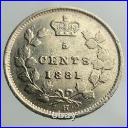 1881 H Canada Small Five Cents Queen Victoria Circulated 5 Silver Coin NGS041