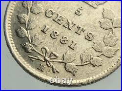 1881 H Canada Small Five Cents Queen Victoria Circulated 5 Silver Coin NGS041