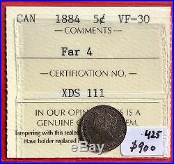 1884 Far 4 Canada Silver 5 Cent Coin A425 Trends $900 ICCS VF 30 Key Date