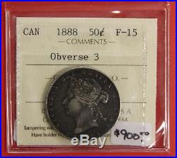 1888 Obv 3 Canada Silver Half Dollar 50 Cent Coin B499 $900 ICCS F-15