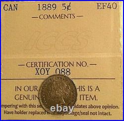 1889 Canada Victoria silver 5 cents coin ICCS EF-40
