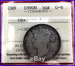 1890 H Canada Silver Half Dollar 50 Cent Coin ICCS G-6 Key Date