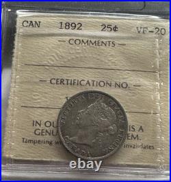 1892 Canada 25 cents silver Coin ICCS VF-20 old 2 letters cert. Double I