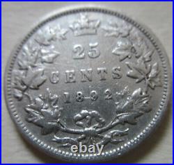 1892 Canada Silver Twenty-Five Cents Coin. KEY DATE QUARTER 25c (RJ557)
