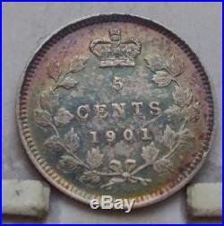1901 Canada Silver 5 Cent Coin A U + TONING