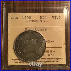 1908 CANADA SILVER 50 CENTS COIN ICCS VF-30 Scratches