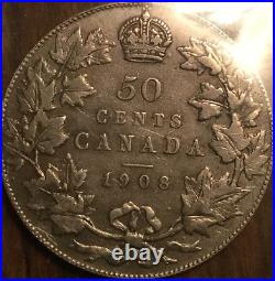 1908 CANADA SILVER 50 CENTS COIN ICCS VF-30 Scratches