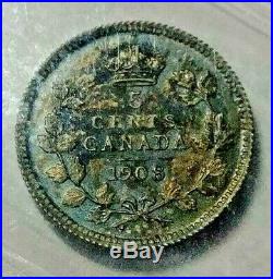 1908 Canada Silver 5 Cent Coin Lg. 8 ICCS SP-64