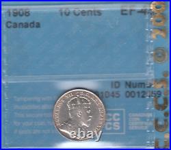 1908 Canada Ten Cents Silver Coin CCCS EF 45