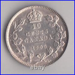 1908 Canada Ten Cents Silver Coin CCCS EF 45