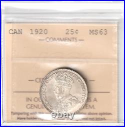 1920 Canada 25 Cents Silver Coin ICCS Graded MS-63