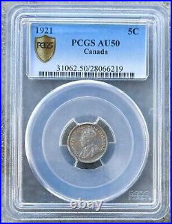 1921 Canada 5 Cents Silver Coin PCGS AU-50