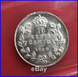 1929 Canada Silver 10 Cent Dime Coin A0234 Choice Unc ICCS MS 64 Trends $275