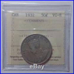 1932 Canada Silver 50 Cents Coin ICCS VG-08 Key Date