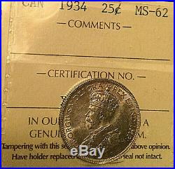 1934 CANADA SILVER 25 CENTS GEORGE V QUARTER COIN ICCS MS-62 Uncirculated