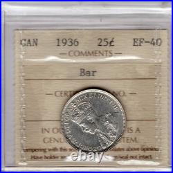 1936 Canada 25 Cents silver Coin ICCS EF 40 Bar