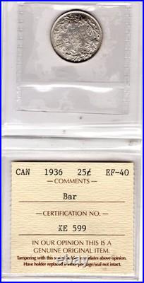 1936 Canada 25 Cents silver Coin ICCS EF 40 Bar