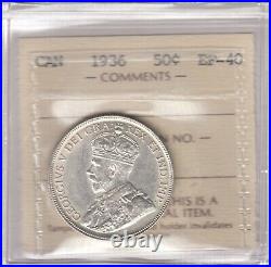 1936 Canada 50 Cents Silver Coin ICCS Graded EF-40