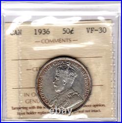 1936 Canada 50 Cents Silver Coin ICCS Graded VF-30