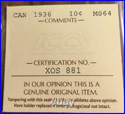 1936 Canada Silver 10 Cents Coin Iccs Ms-64