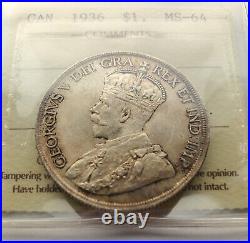 1936 Canada Silver Dollar Iccs Certified Ms-64 1 Dollar Coin