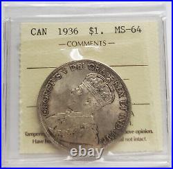 1936 Canada Silver Dollar Iccs Certified Ms-64 1 Dollar Coin