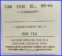 1936 Canada Silver Dollar Iccs Certified Ms-64 1 Dollar Coin