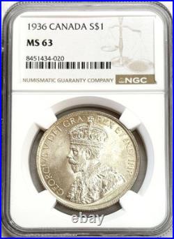 1936 Silver Canada $1 Dollar King George V Coin Ngc Mint State 63