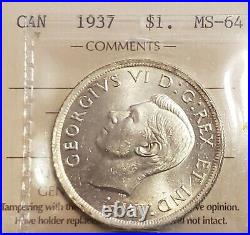 1937 CANADA $1 King George VI Silver One Dollar Coin ICCS Graded MS-64