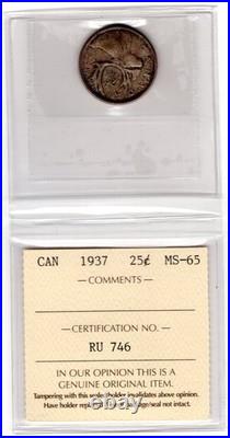 1937 Canada 25 Cents silver Coin ICCS MS 65