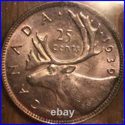 1939 Canada Silver 25 Cents Coin Iccs Ms-64