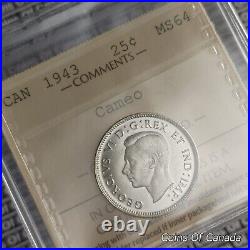 1943 Canada Silver 25 Cents Coin ICCS MS 64 Cameo Outstanding #coinsofcanada