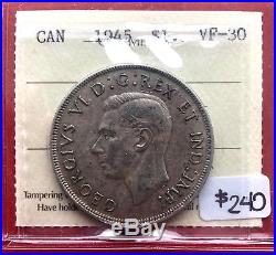 1945 Canada Silver One 1 Dollar Coin ICCS VF-30 Key Date