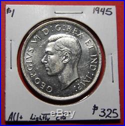 1945 Canada Silver One Dollar Coin BI380 $325 AU+ Lightly cld Key Date