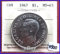 1947 Blunt 7 Canada 1 Dollar Silver Coin One Dollar ICCS MS-63