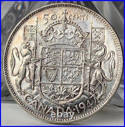 1947 Canada 50 Cents Silver Coin Straight 7 Maple Leaf George VI