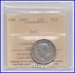 1947 Dot Canada 25 Cents Silver Coin ICCS F15