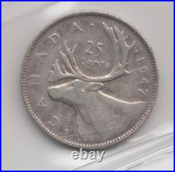 1947 Dot Canada 25 Cents Silver Coin ICCS F15