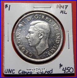 1947 ML Maple Leaf Canada Silver One Dollar Coin BI384 $450 UNC Cameo cld