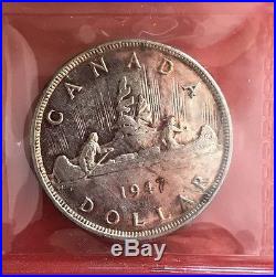 1947 Pointed 7 Double HP Canada 1 Dollar Silver Coin ICCS AU 50